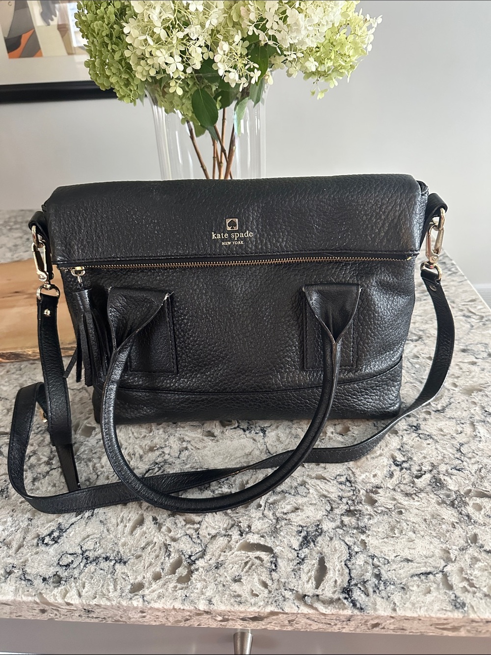 kate spade Black Pebbled Leather Satchel with Crossbody Strap